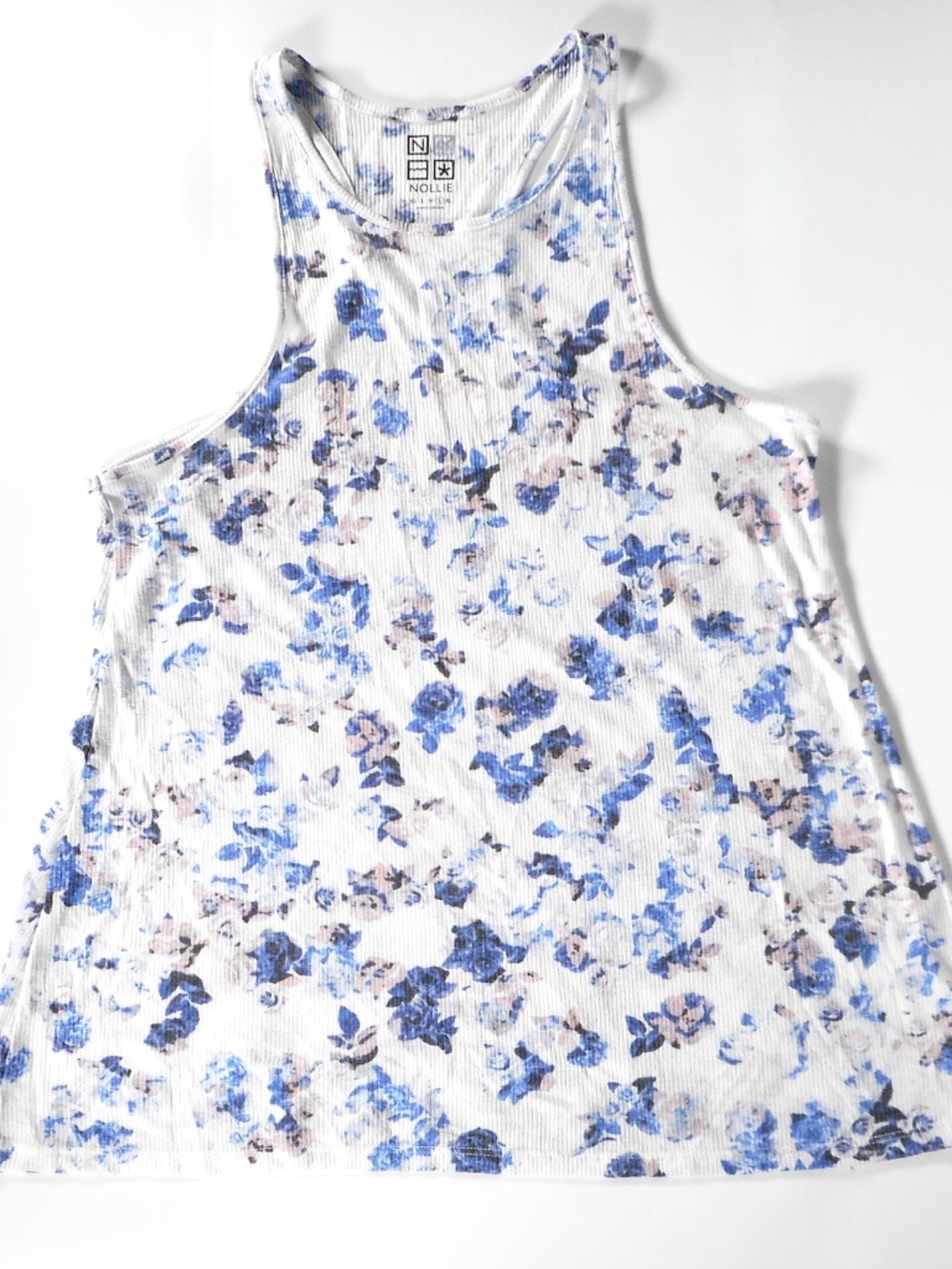 Nollie Soft Blue Floral Womens Sz L Ribbed Tank Top Summer Flared Racerback